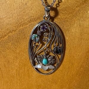 Sterling Silver Lotus Pendant Necklace with Turquoise, Amethyst, Abalone, MOP
